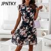 JPNTKY Fashion Women Casual Loose O-Neck Butterfly Sleeve Floral Print Dress