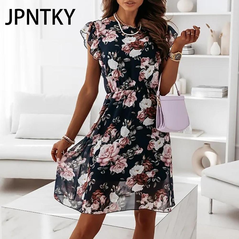 JPNTKY Fashion Women Casual Loose O-Neck Butterfly Sleeve Floral Print Dress
