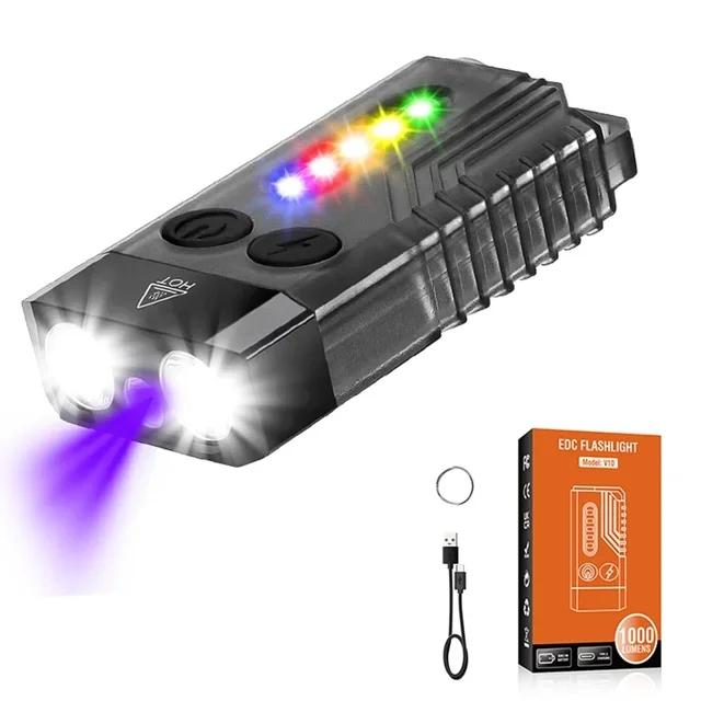 V10 EDC Mini Flashlight Keychain Light Type-C Rechargeable 1000LM Torch Multifunctional Redline Blue Red UV Emergency Light