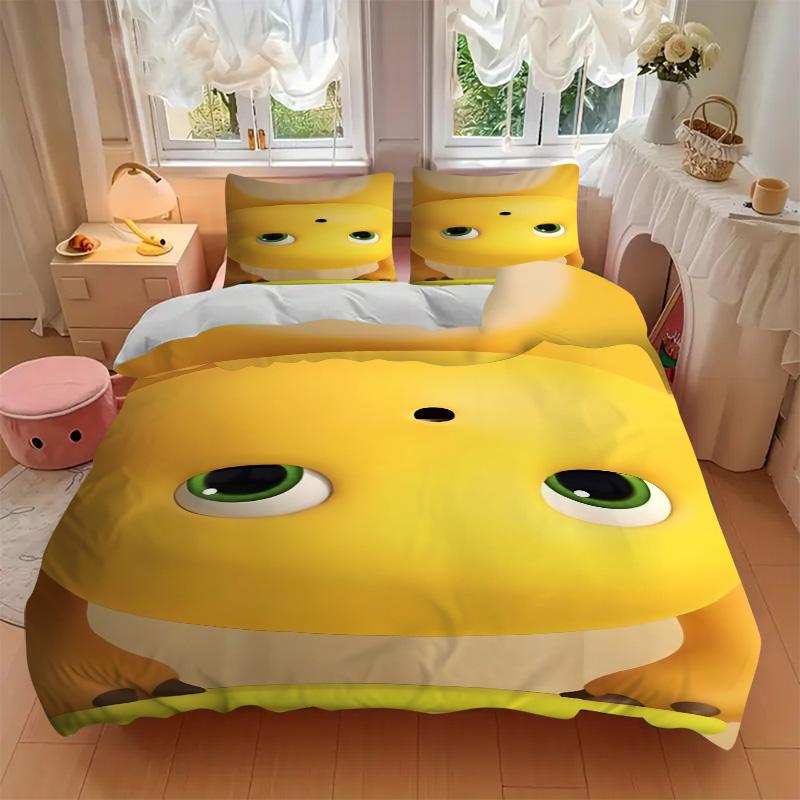 Yellow Cartoon Character Face Print 3Pcs Bedding Set,Duvet Cover with 2 Bedro,Pillowcase Home Birthday Gift