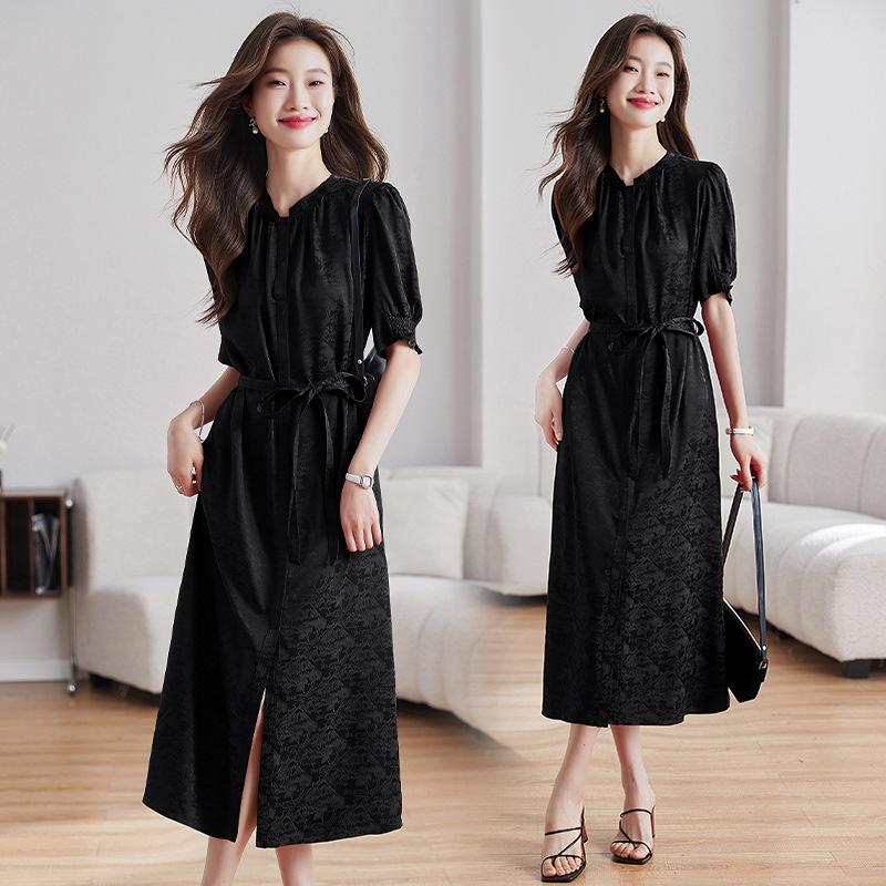Jacquard dress summer women's clothing round neck split ends fashionable atmosphere thin long dress dress