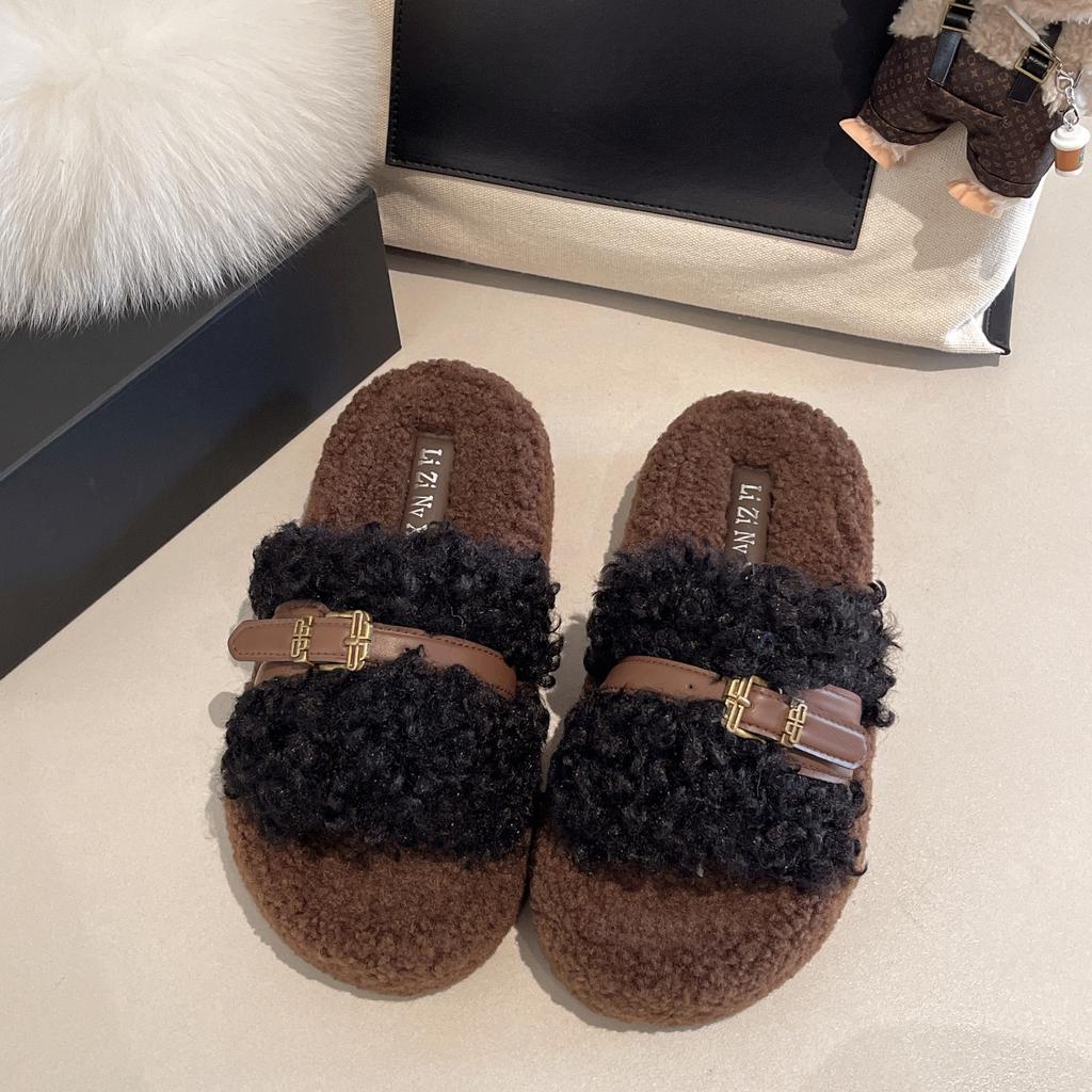 Fairy Wind Thick Bottom Hairy Drag Girl Wearing Ins Trendy Small Fragrant Wind 2025 New Autumn and Winter French Lazy Cotton Slippers