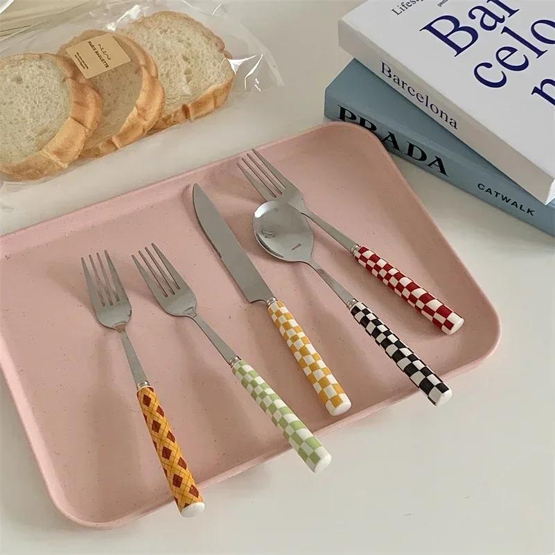Japanese Korean Checkerboard Knife Fork Spoon Western Dessert Tableware Set Steak Knife Stainless Steel Ceramic Handle Cutlery