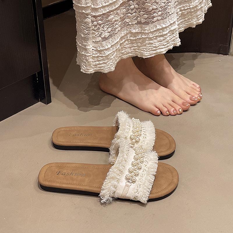 Canvas outer slippers female 2025 summer with skirt small fragrant wind soft sole word new fairy wind beach sandals