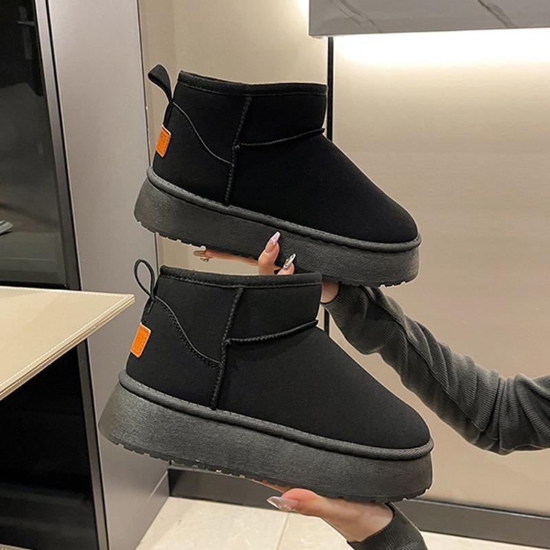 Herbst- und Winter-Schnee-Stiefel mit integriertem Fell, Damen-Außenfellschuhe mit dicker Sohle, Kurzstiefel mit Schwammsohle