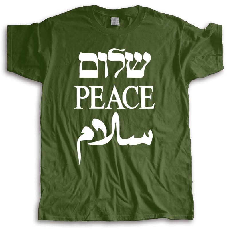 Cotton Tshirt Mens Summer Tops Shalom Peace Salaam Middle East English Hebrew Arabic TShirt Summer Teeshirt Plus Size