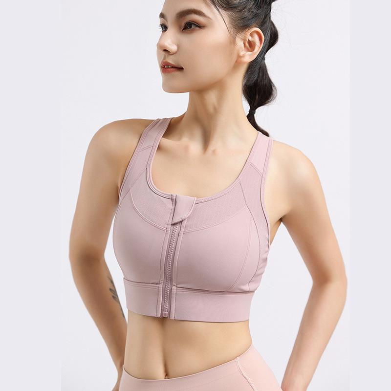 Women's Shockproof Sports Bra with Front Zipper and Side Support - Minimizes Bust for Running and Yoga