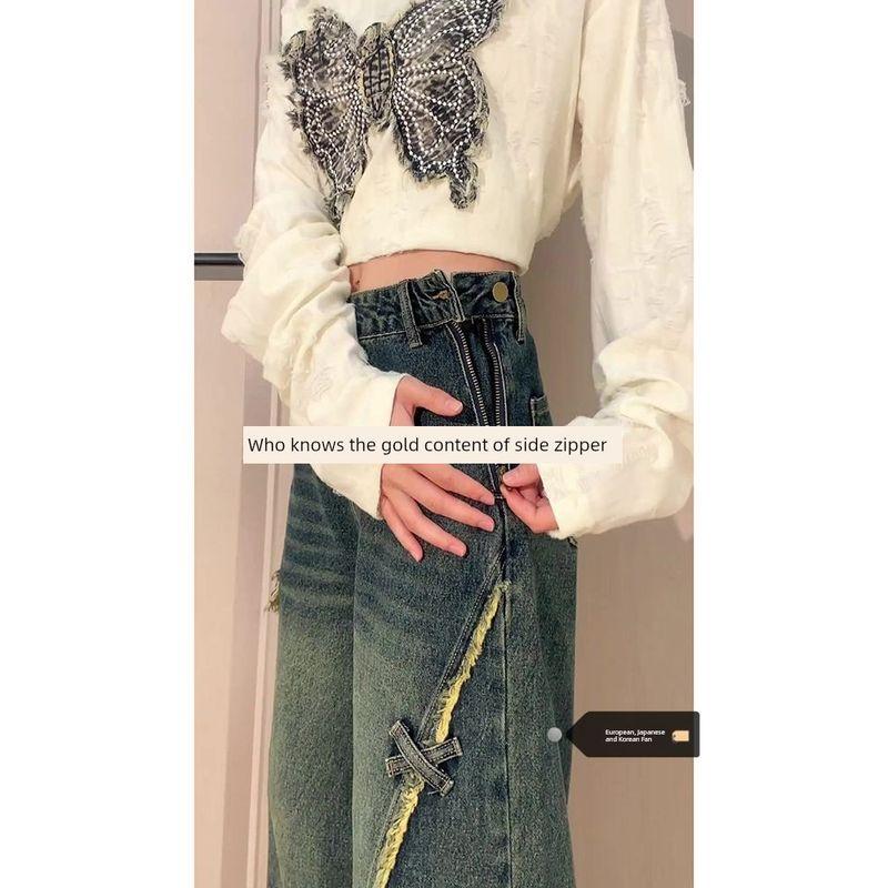 

Американский ретро большого размера, джинсы прямого кроя с необработанным краем и боковой молнией, женские осенние, с наклейками-бабочками, свободные брюки широкого кроя, тренд Dark Blue [Premium Edition] 2XL