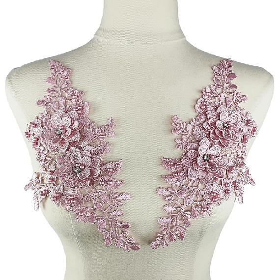 1 Pair Lace Flower Applique Beaded Rhinestones Sew On Embroidered Patches Applique Décor for Wedding Dress DIY Sewing Craft Decoration, Black 9.2 x