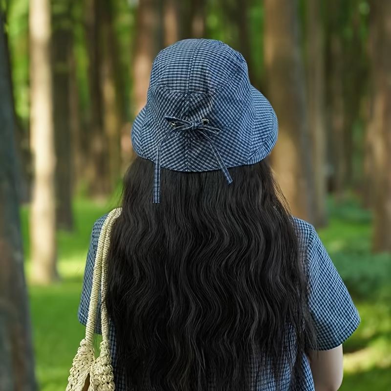 1Pc Women's Wide-Brim Bucket Sun Hat - Plaid Print Fisherman Hat, Suitable for Travel, Beach, Hiking - Wide-Brim Outdoor Sun Hat