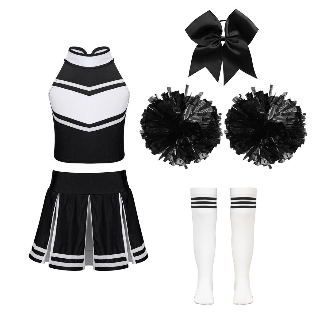 Kids Girls Cheerleading Set Sleeveless Zipper Top Pleated Skirt Bowknot Headwear 2 Hand Flowers Striped Tube Socks for Performance