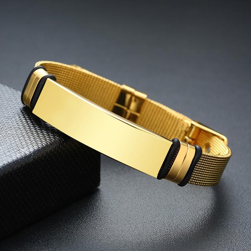 Vnox Mens Stainless Steel Custom Engrave ID Tag Bracelets Dad Gift Length Adjustable with Mesh Watch Band Jewelry Gift for Dad