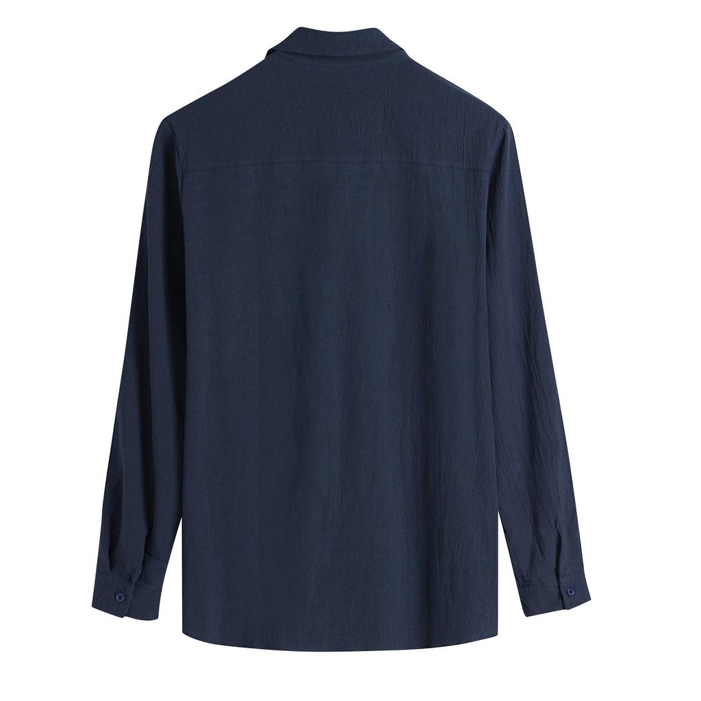 Men's Stand Collar Shirt Beach Casual Solid Color Long Sleeve Breathable Top T-shirt Blouse