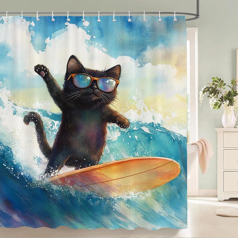 Funny Cat And Dog Shower Curtain Animal Beach Printed Bathroom Bath Curtain Home Decor With Hooks