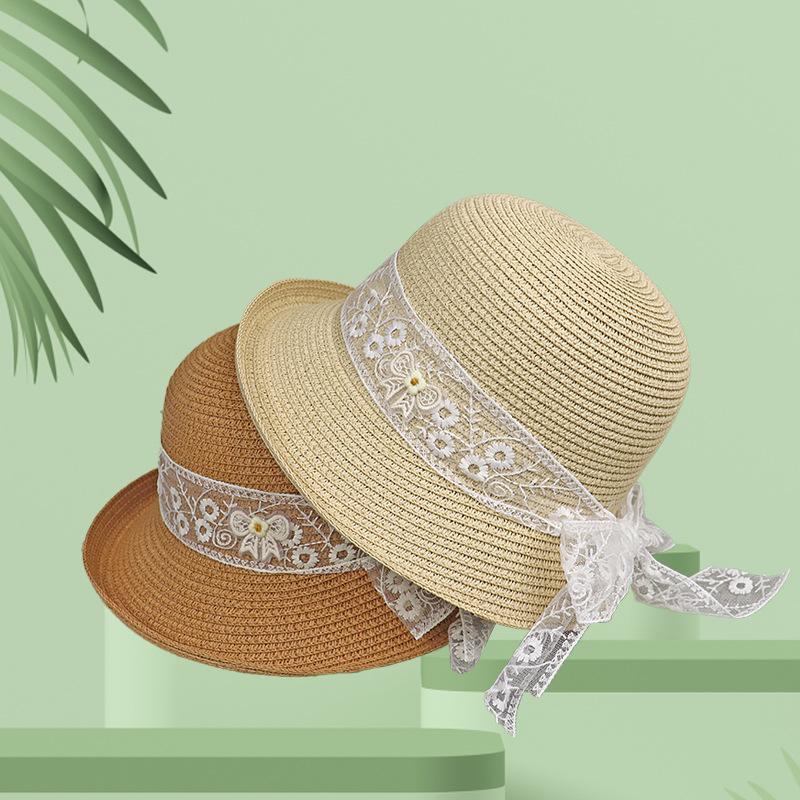 French Straw Hat Female Summer Sweet Cute Girl Floral Lace Strap Curled Sun Hat Seaside Beach Photo