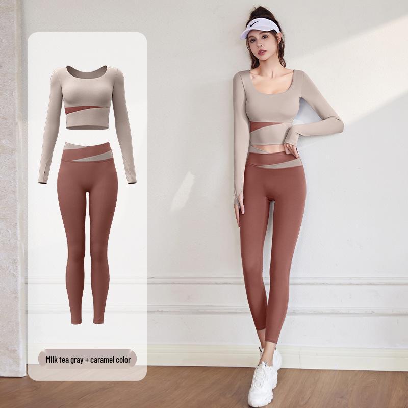 Damen Frühling Colorblock Yoga Set - Nude Feeling Enges Top & Langarm, Brustpolster, Modehose zum Laufen und für Fitness