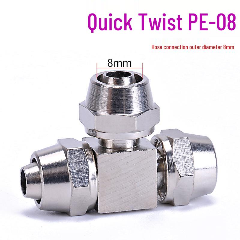 T-shaped Quick-Connect Pneumatic Fitting for High-Pressure Air Hoses, Nickel-Plated, Available in 4-12mm.