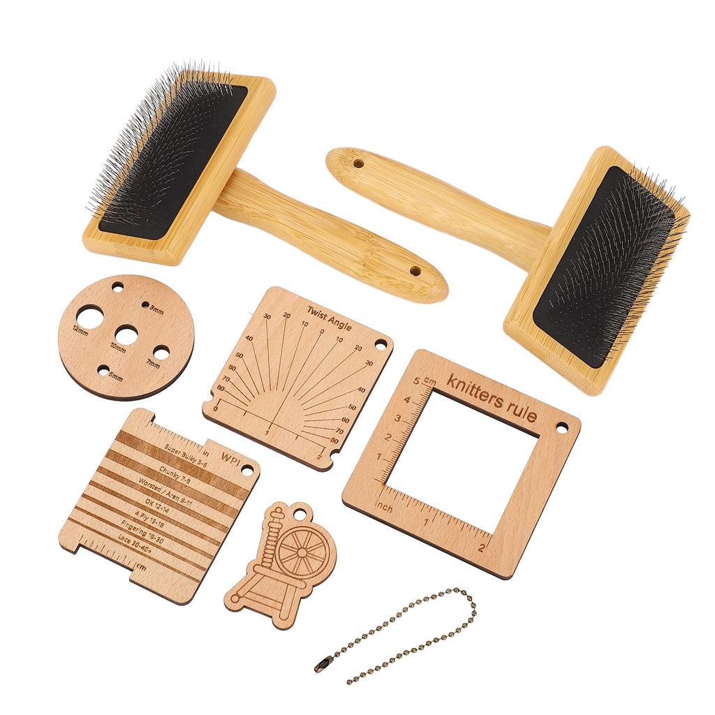 8PCS Set Wooden Knitting Gauge Wool Brush Set Wool Felting Brush and Knitting Measure Tool Kit