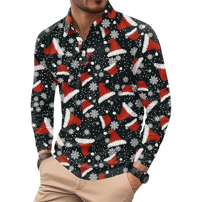 Weihnachten Herren Langarm Poloshirt 2025 Modisches Freizeitpolo Slim Fit Hemd mit Kragen Büroarbeit Golfshirt Freizeit
