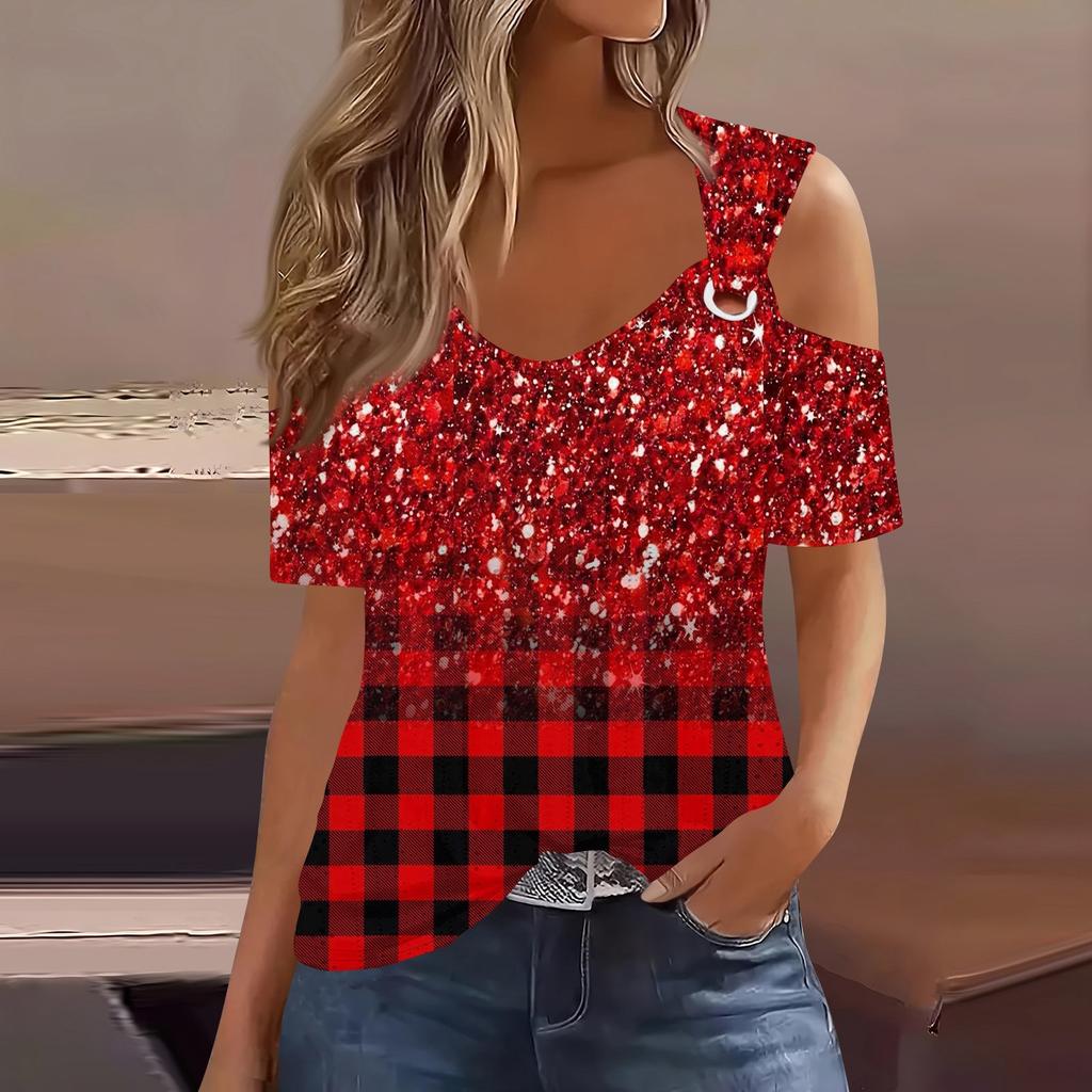 Sexy Cold Sholuder Tops For Women Summer Hollow Out Eyelet Short Sleeve Blouse Loose V Neck Tshirt Trendy Casual Tunics