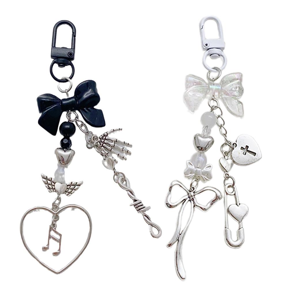 Colorful Phone Lanyard Bowknot Heart Pendant Keychain Detachable Phone Charm Keyring Beaded Bag Accessory for Women