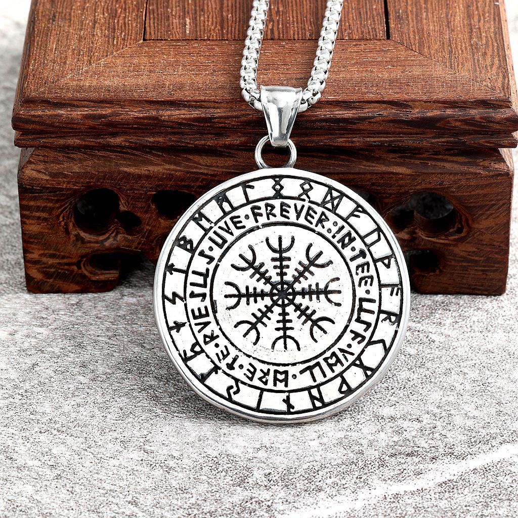 Collana Bussola Vikinga con Testa di Lupo Doppia - Ciondolo Runa in Acciaio Inossidabile per Uomini