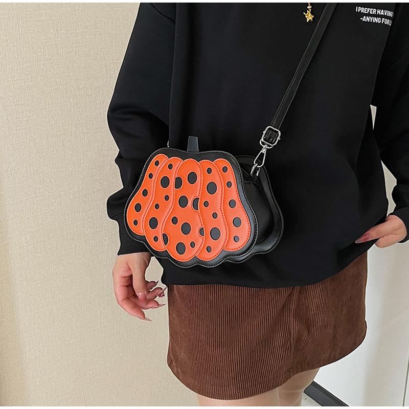 Creative Pumpkin Crossbody Bag Contrast Polka Dot Uniquely Shape Bag Personalized Halloween Shoulder Bag Fashionable New Handbag
