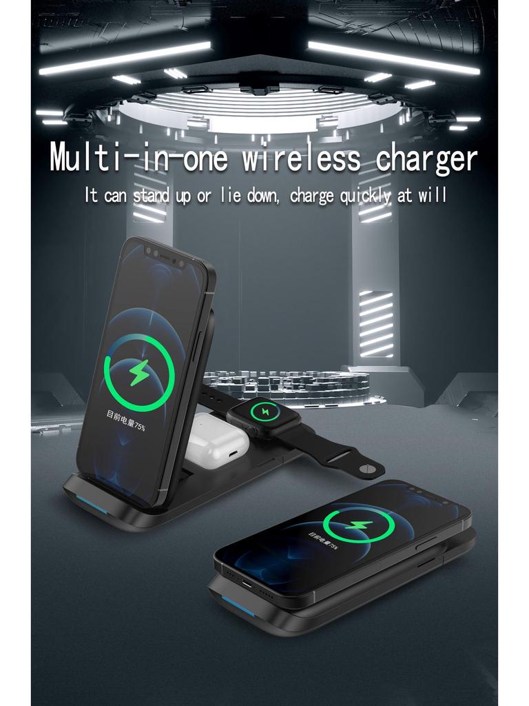 15W Foldable 3-in-1 Wireless Charger for Apple Phones, Watches, and Earbuds
