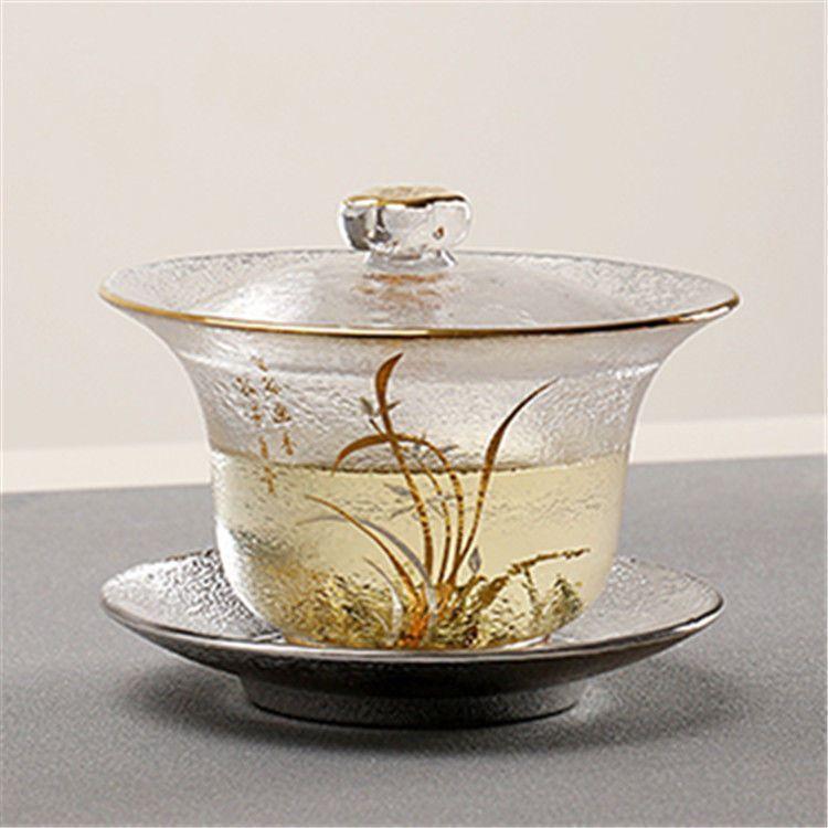 Chinese-style Heat-resistant Hammered Glass Tea Set, Including A Gold-rimmed Teapot, TeaCup, and Fair Mug for Kung Fu Tea