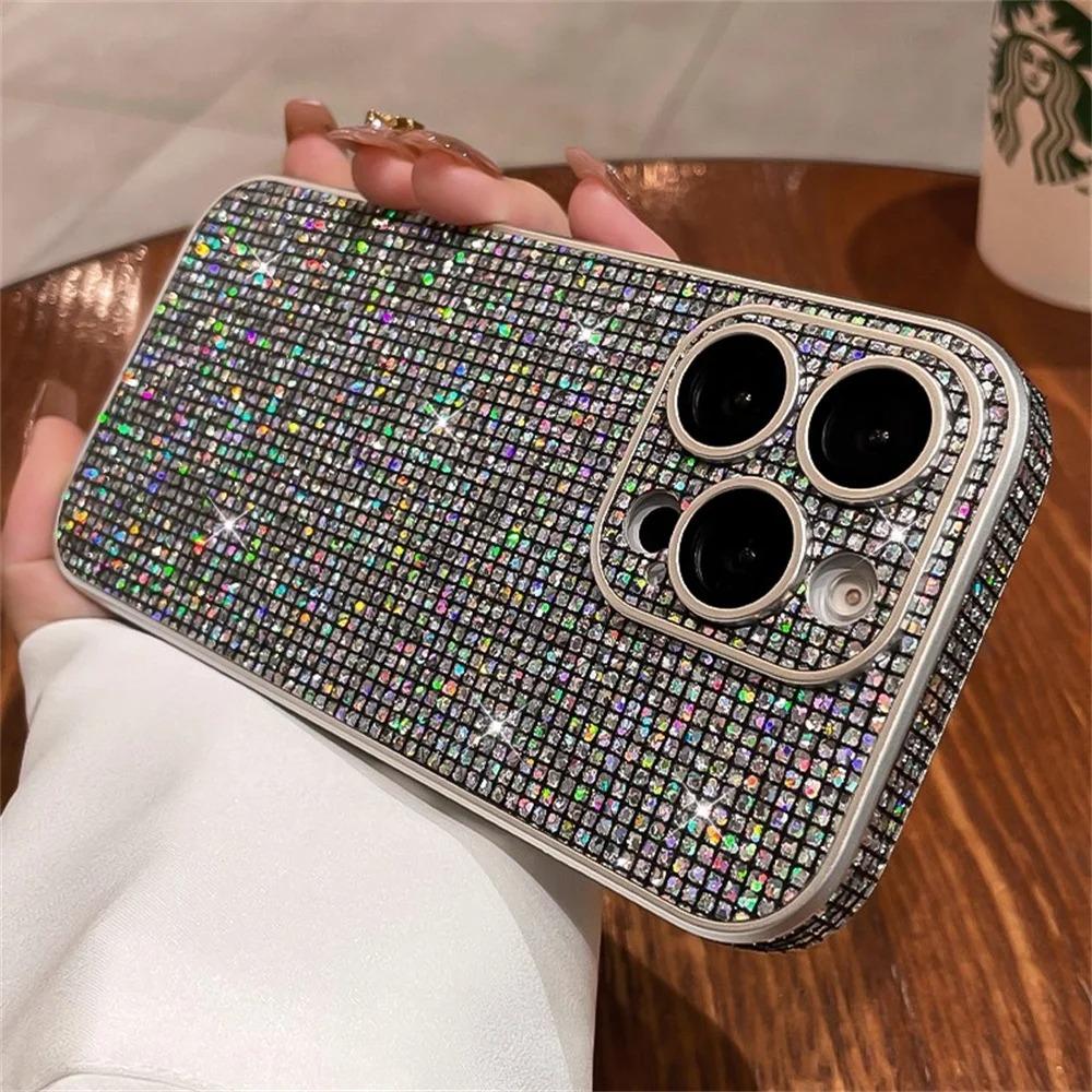 Full Screen Glitter Plaid Sequins Phone Case For iPhone 17 16 15 14 13 12 Pro Max Sparkling Lens Camera Protection Cover