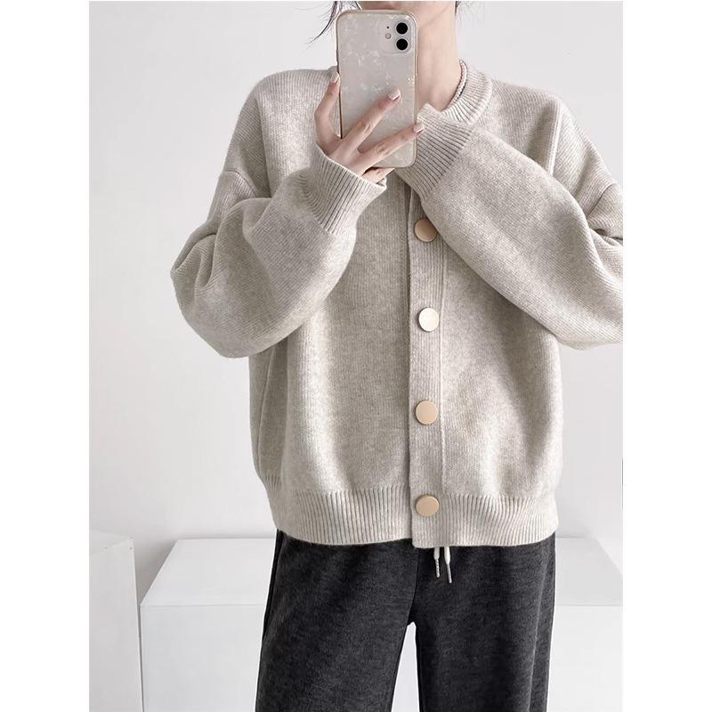 Autumn Winter Round Neck Solid Color Simple Knitting Outwear Women Casual Fashion Cardigan Coat Button Top