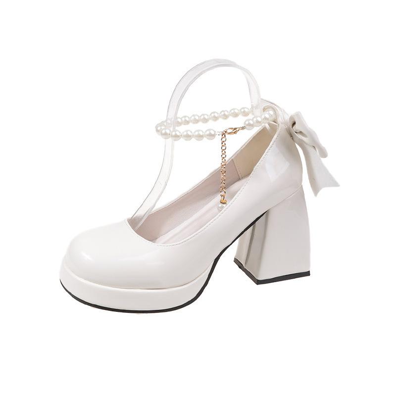 Japanese Solid Color Mary Jane Women's Shoes Bow Super High Heel Light Heel Thick Heel Pearl Buckle Waterproof Table Fashion Shoes