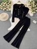 Fashion Suit Women's Korean Version Long-sleeved V-neck Single-breasted Knitted Jacket Three-piece Vest High-waisted Straight-leg Wide-leg Pants