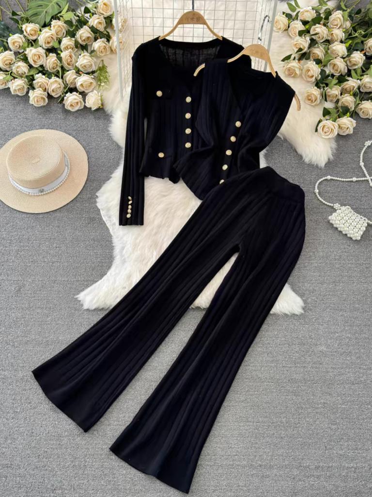 Fashion Suit Women's Korean Version Long-sleeved V-neck Single-breasted Knitted Jacket Three-piece Vest High-waisted Straight-leg Wide-leg Pants