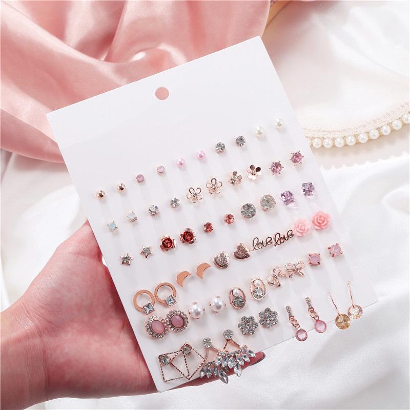 Korean Rhinestone Flower & Pearl Stud Earrings Set: 30 Pairs with Geometric, Heart, and Bow Designs
