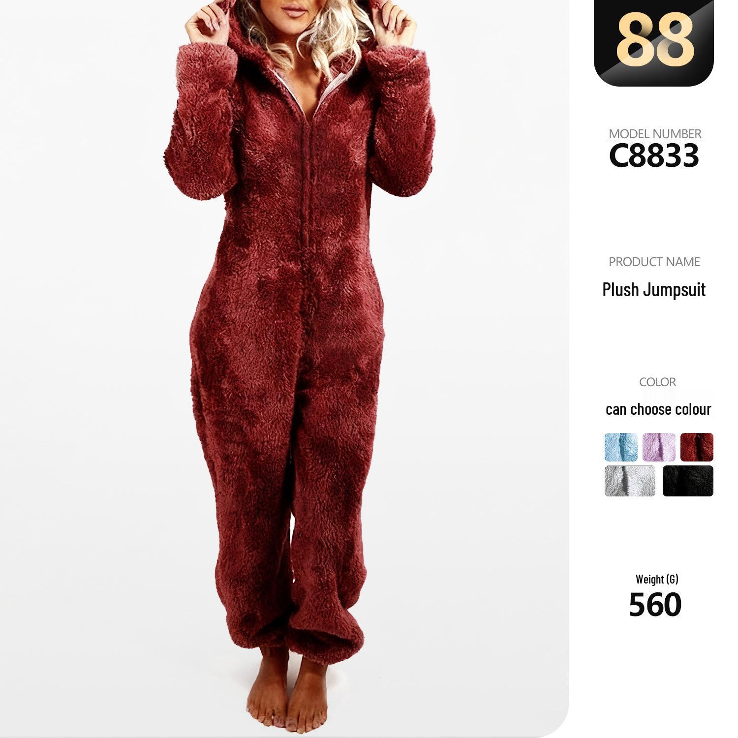 

2025 Autumn/Winter Plush Hooded Women s Jumpsuit - Long Sleeve Homewear L темно-красного