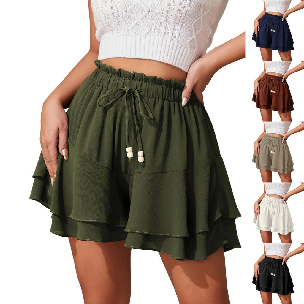 Women's Fashionable Solid Color Ruffle Edge Elastic Waist Drawstring Sports Casual Half Length Skirt Pants