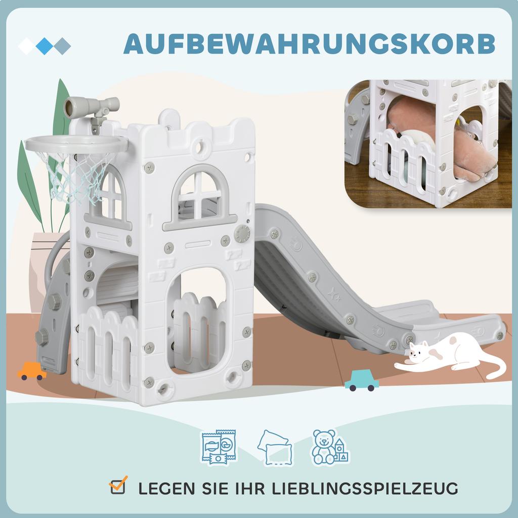 5-in-1 Kleinkinderrutsche mit Basketballkorb, Kletterelement, Teleskop, Aufbewahrungskorb, für Alter 1-3 Jahre, Grau