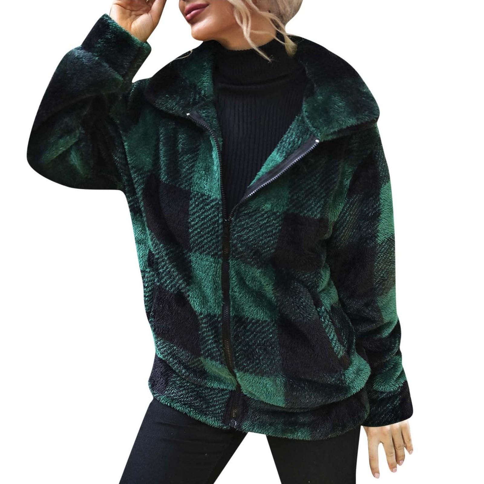 

Женская повседневная клетчатая куртка средней длины с двухсторонним плюшем на молнии с длинными рукавами XL темно-зеленого