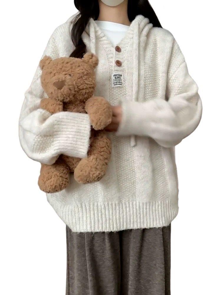Soft Hooded Knitted Pullover Sweater for Women – Cozy and Loose Outerwear for Autumn, Winter, and Spring.