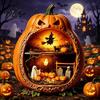 Halloween Cobweb Decorations Centerpiece Pumpkin, Wooden Pumpkin Ornament with Miniature Scenes, Rustic Scenes Skeleton for Farmhouse Home Table