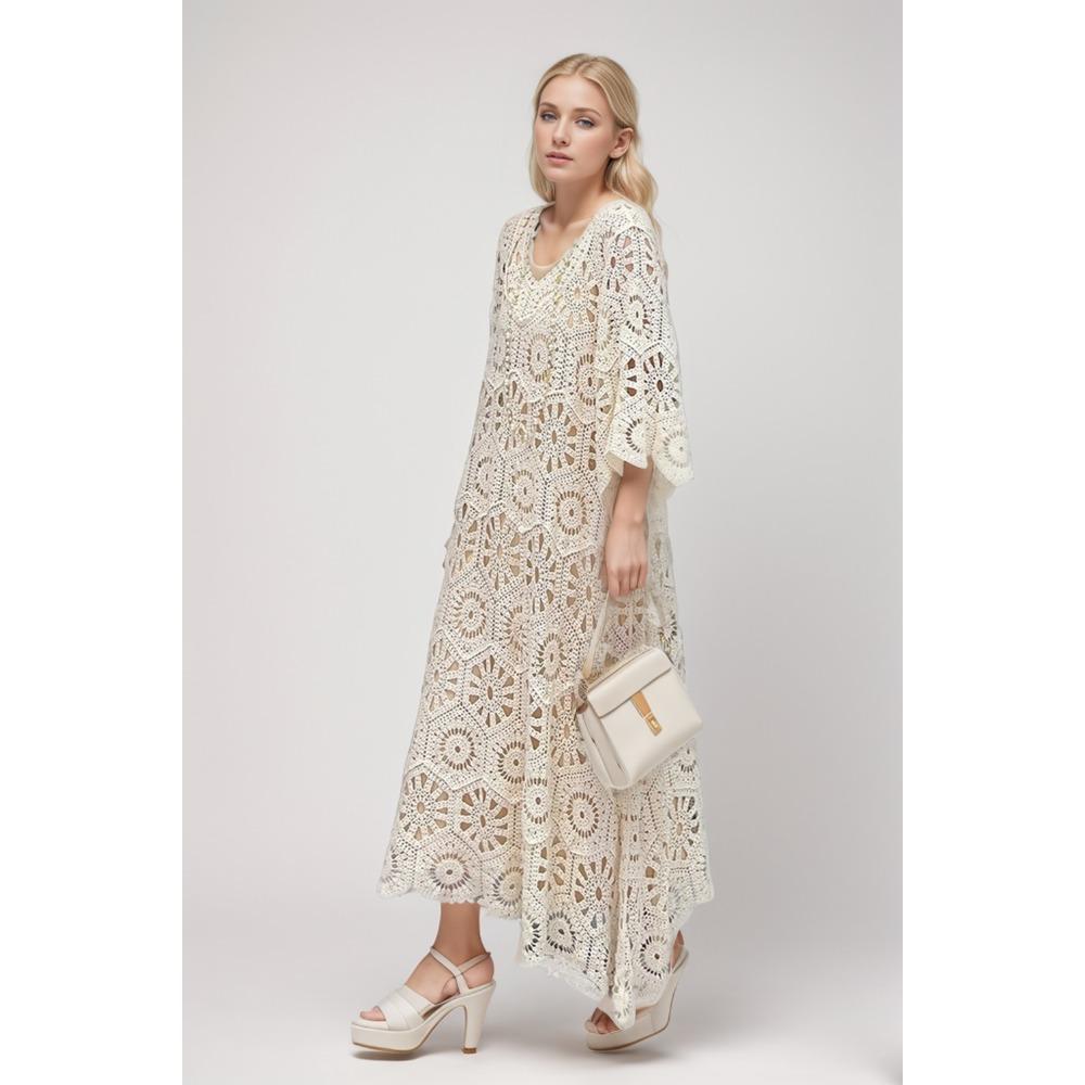 DIMANAF 2024 New Summer Women Long Knitted Dress Sleeve Basic Fashion Lace Dresses Casual Loose White