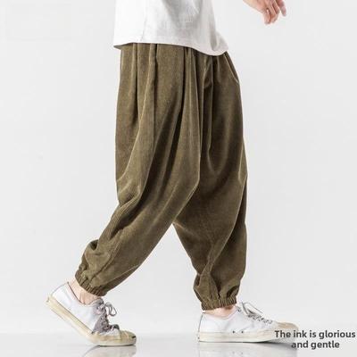 Calças Casuais Masculinas de Veludo Cotelê Estilo Chinês com Pernas Largas - Tamanho Plus, Bloomers de Caimento Solto