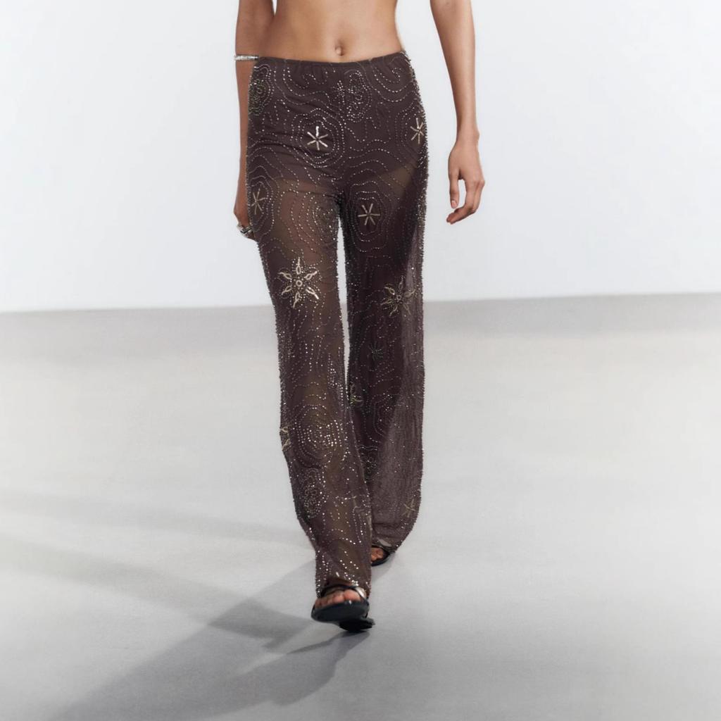 Elastic Waist Wide-leg Sequined Printed Pants