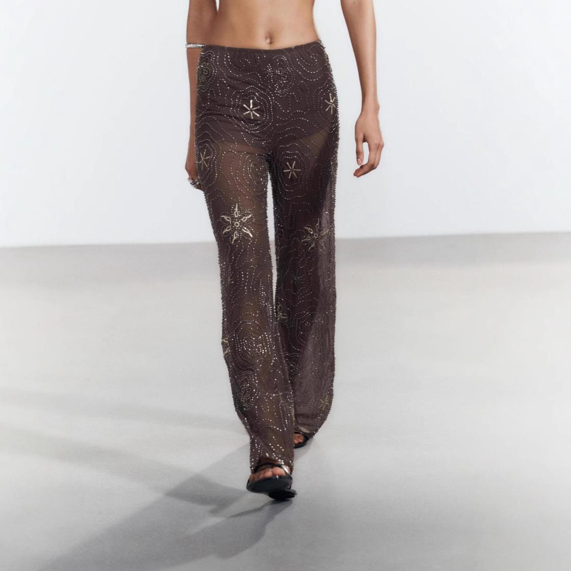

Elastic Waist Wide-leg Sequined Printed Pants S кавовий