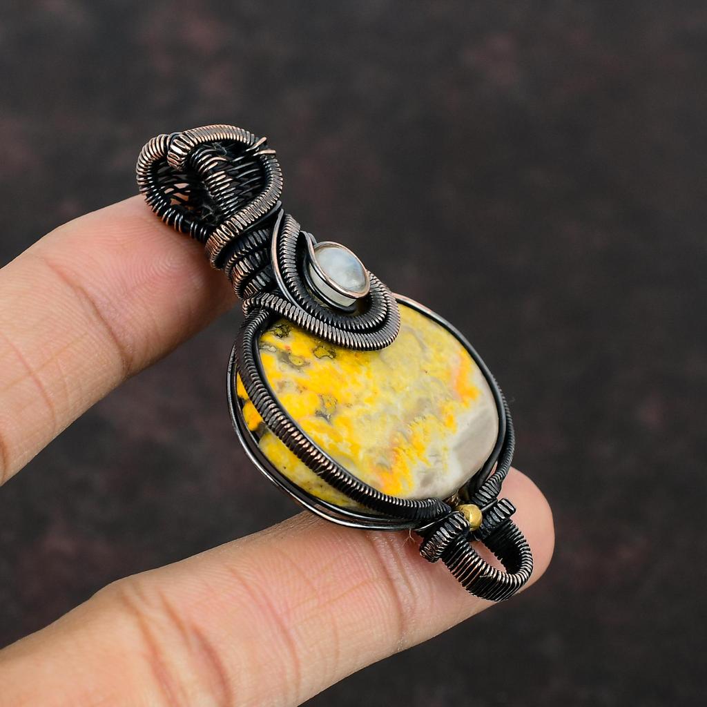 Bumble Bee Jasper Pendant Copper Wire Wrapped Pendant Dainty Gemstone Pendant Rainbow Moonstone Pendant Handmade Copper Jewelry Gift For Mom