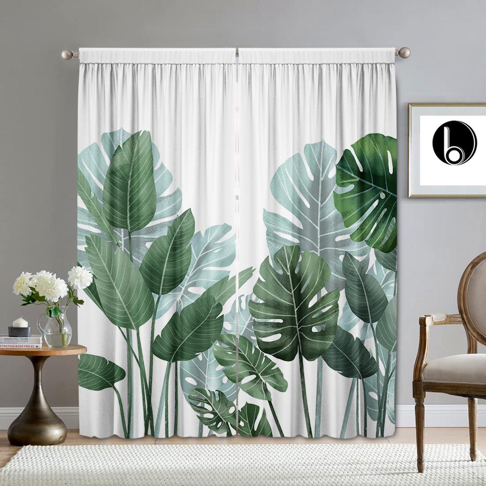 2Pc Home Decoration Curtains With Green Leaves And Rod Pockets, Kitchen, Coffee Shop, Living Room, Balcony, Garden