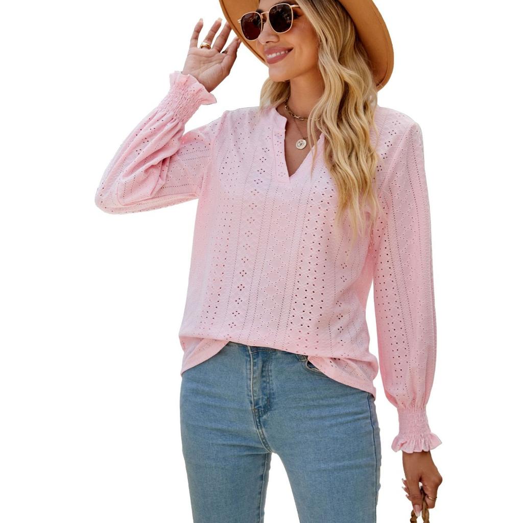 Solid Color Hollow Out Shirred Ruffle Sleeve V Neck Loose Long Sleeve Top for Women European American Crossborder Fashion