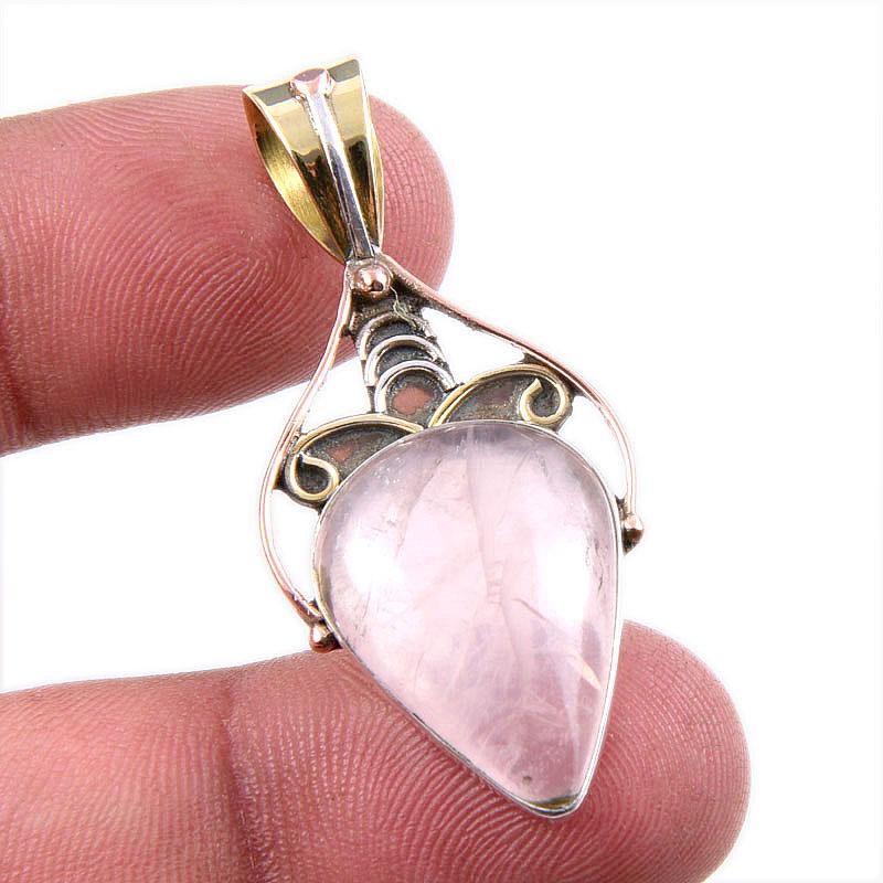 

Natural Rose Quartz 925 Solid Sterling Silver Jewelry TwoTone Pendant 1.75 E7A98