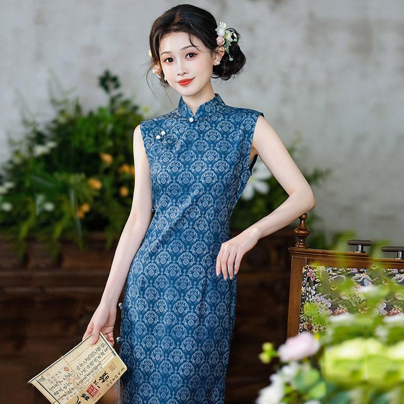 Blau ärmellos nationaler Stil neu Chinesisch Suzhou langer Cheongsam verbessert jung 1011 neu Damen High Sense Sommer
